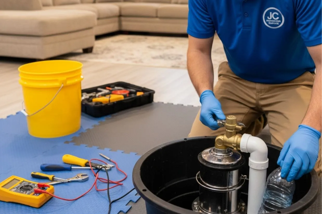 A JC Handyman Services technician performing a professional sump pump repair and float switch test in a finished basement in Carmel, Indiana.