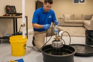 A JC Handyman Services technician performing a professional sump pump repair and float switch test in a finished basement in Carmel, Indiana.