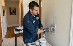 A male professional in a blue work shirt applying fiberglass mesh tape and joint compound to a long vertical crack in a residential wall.
