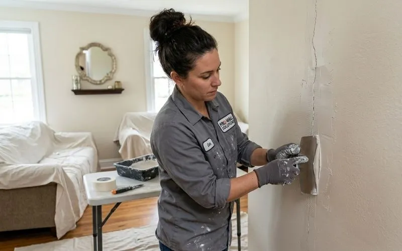 A female technician using a putty knife to smooth white joint compound over a mesh-taped crack on a tan interior wall, with a drop cloth and tools in the background.
